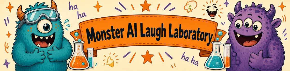 Monster AI Laugh Laboratory, with Lewis in lab goggles and Martin laughing out loud next to bubbling beakers