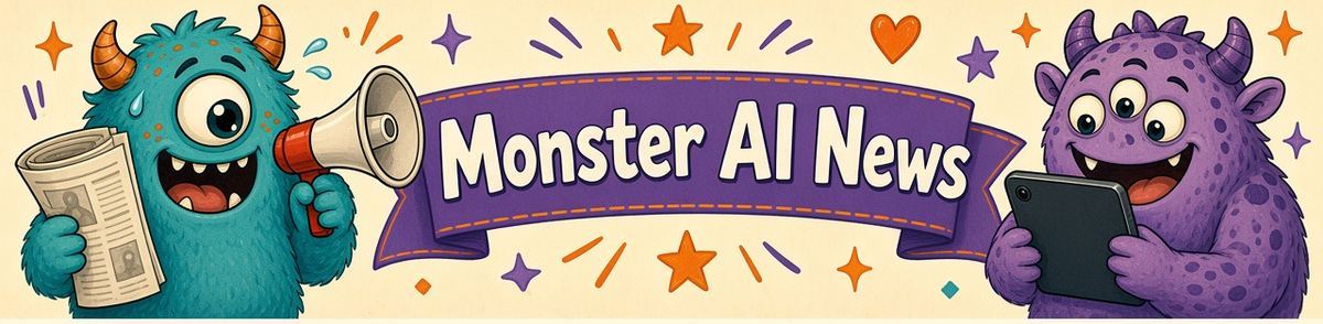 Monster AI News, with Lewis shouting into a megaphone and Martin reading a tablet