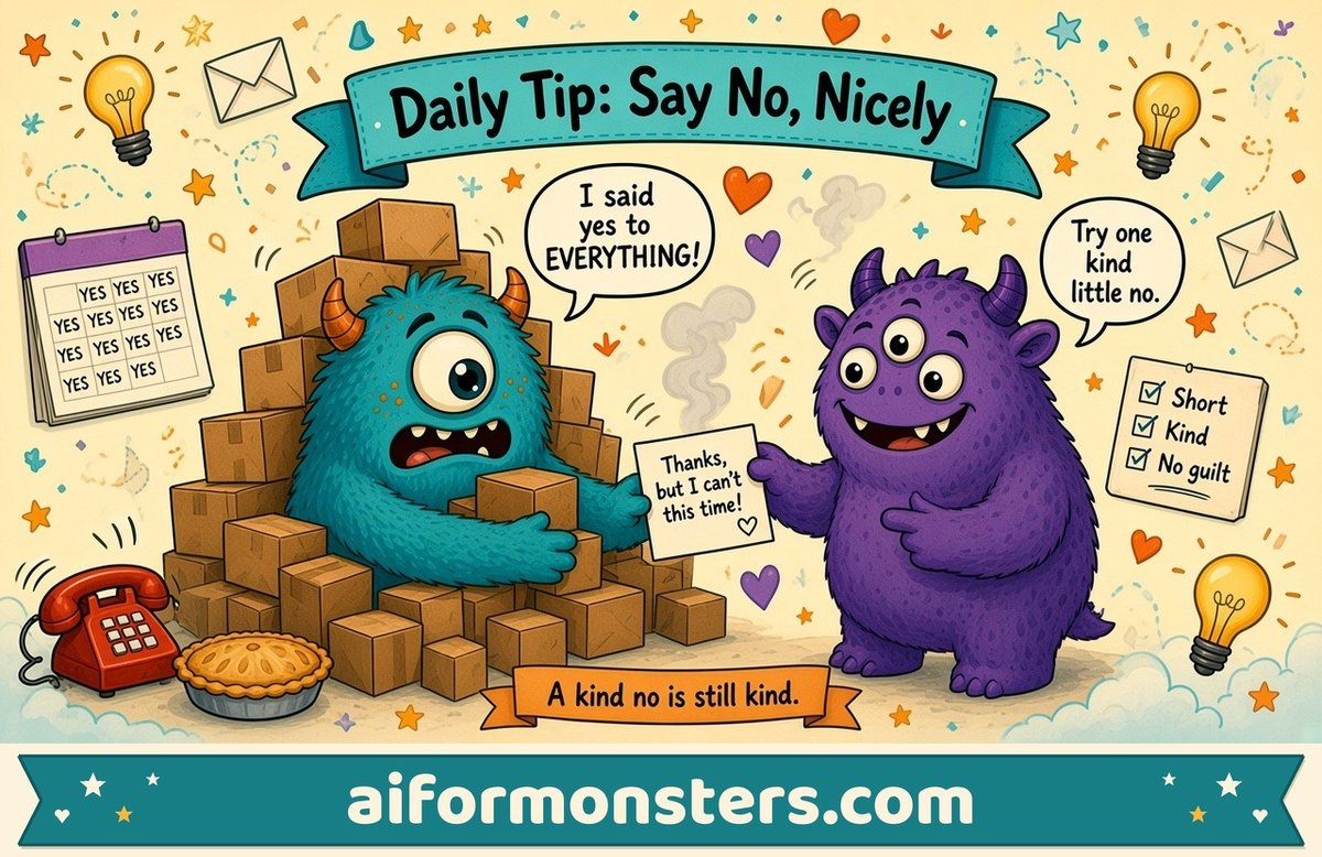 AI for Monsters group picture: Say no kindly and briefly (decline a favor or invite without over-apologizing)