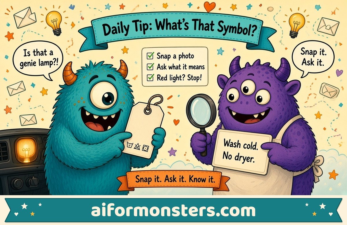 AI for Monsters group picture: Snap a photo of a confusing symbol or warning light and ask what it means (laundry tag, dashboard, thermostat)