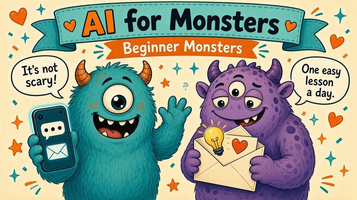Lewis and Martin under an AI for Monsters banner, saying It's not scary and One easy lesson a day