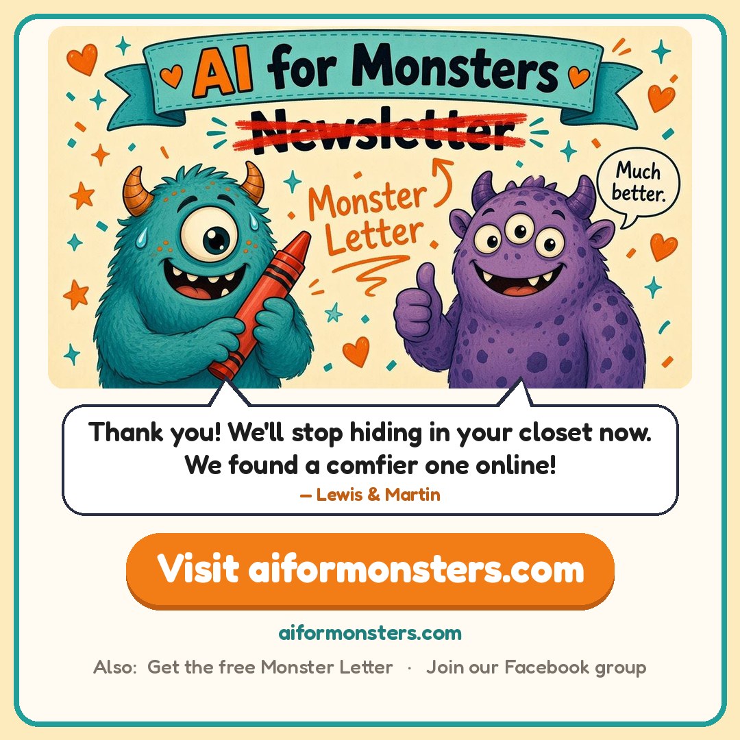 Invite card: Lewis and Martin under the AI for Monsters masthead, saying: Thank you! We'll stop hiding in your closet now. We found a comfier one online! Big orange button: Visit aiformonsters.com