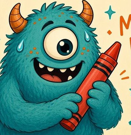 Lewis, a fuzzy teal monster with one big eye, freckles and little orange horns, grinning and holding a red crayon