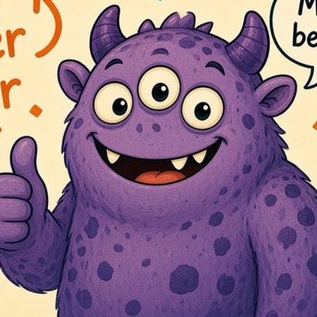 Martin, a purple monster with three eyes and spots, smiling and giving a thumbs-up