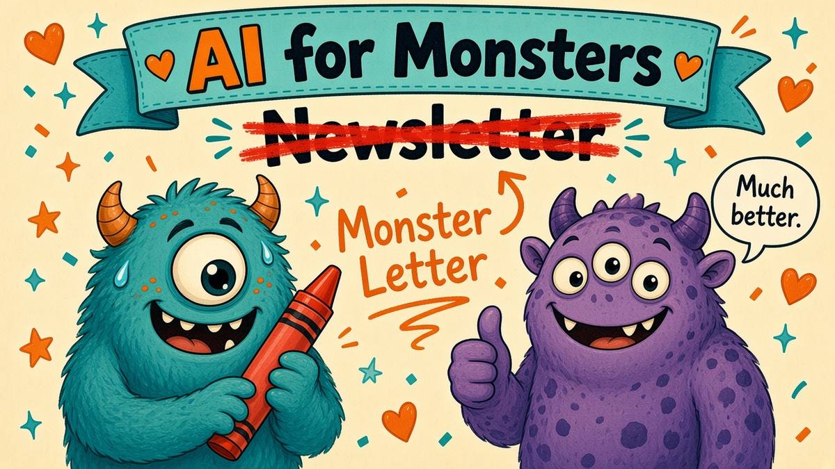 AI for Monsters. The word Newsletter is crossed out in red crayon and Monster Letter is written underneath. Lewis, the teal one-eyed monster, holds the crayon and Martin, the purple three-eyed monster, gives a thumbs-up.